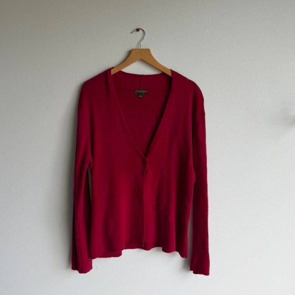 Red long sleeve cotton blend cardigan with V-neck and button closure